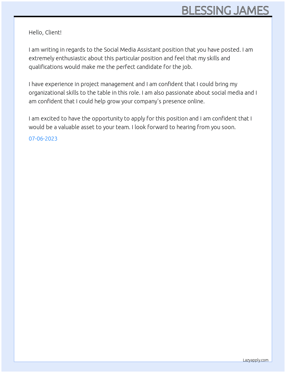 Virtual Assistant  At Social media assistant  Cover Letter