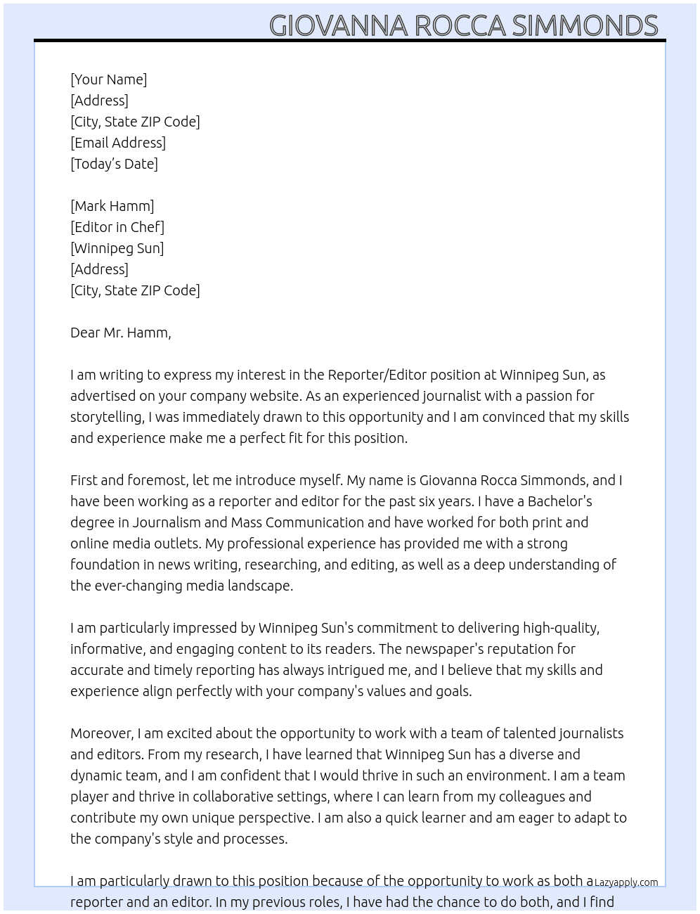  Reporter/Editor At Winnipeg Sun Cover Letter
