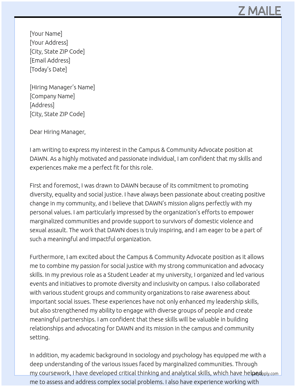 Campus & Community Advocate At DAWN Cover Letter