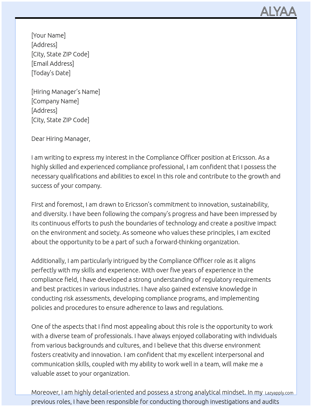 Compliance Officer At Ericsson Cover Letter
