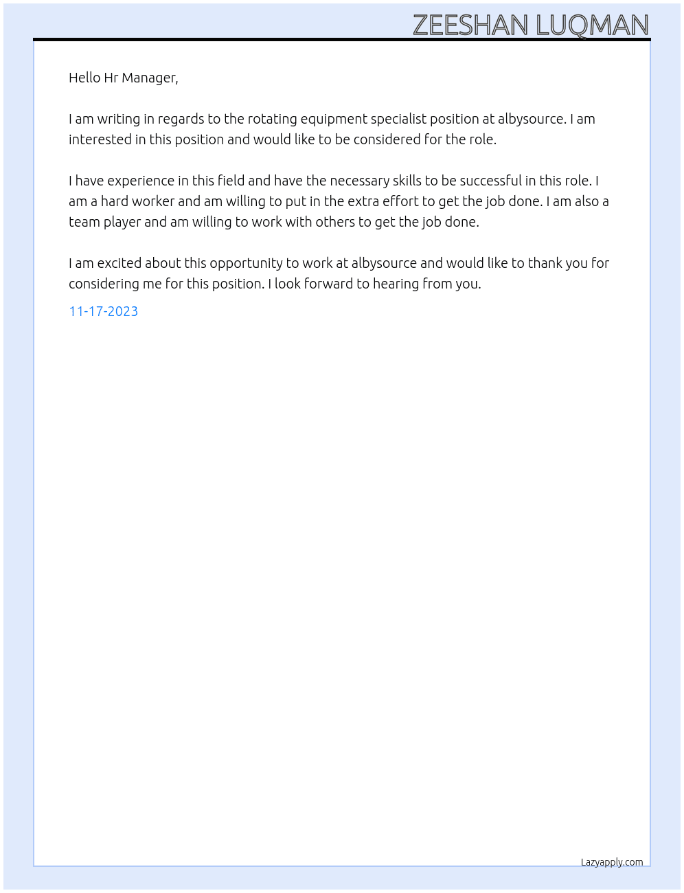 rotating equipment specialist At albysource Cover Letter