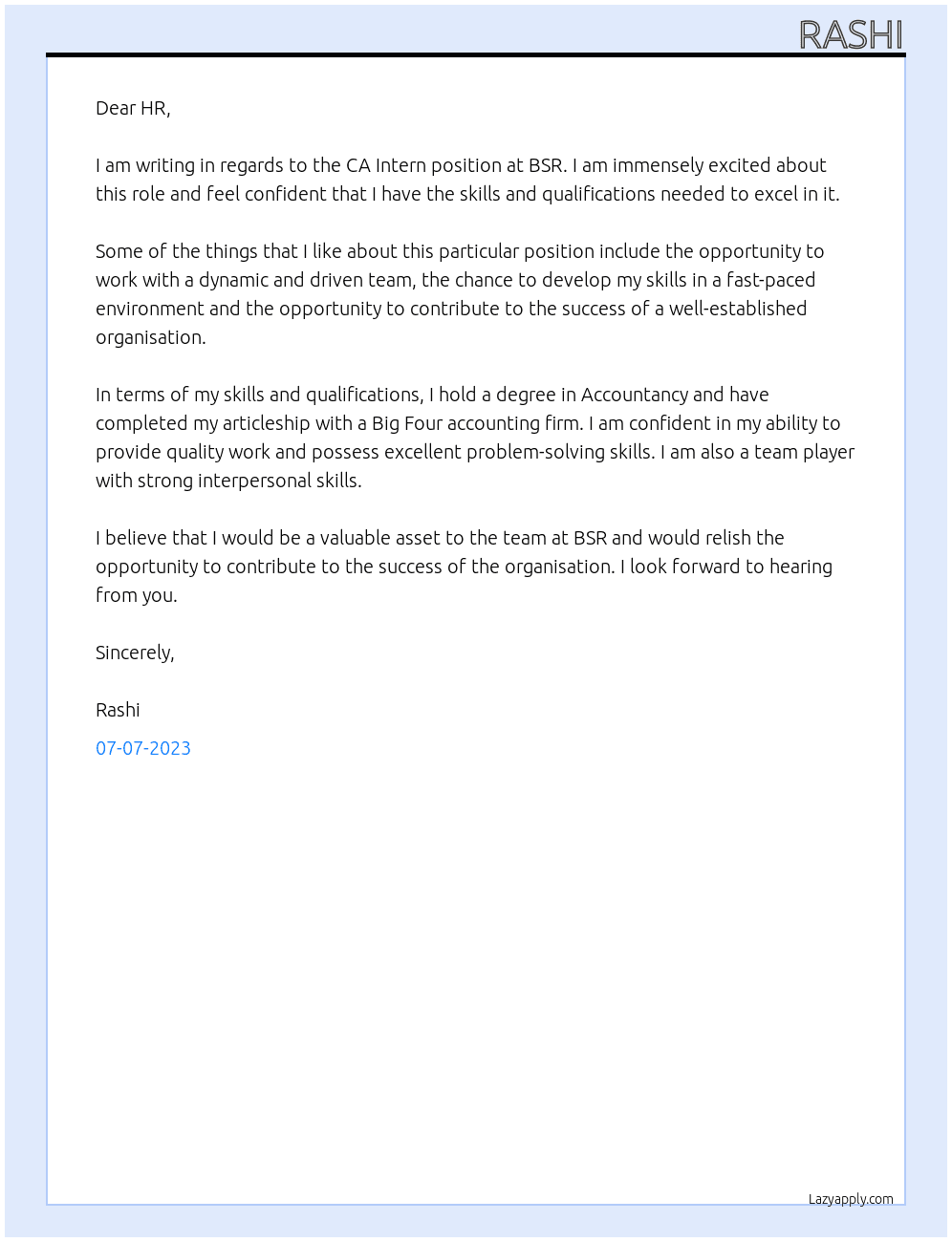 CA Intern At BSR Cover Letter