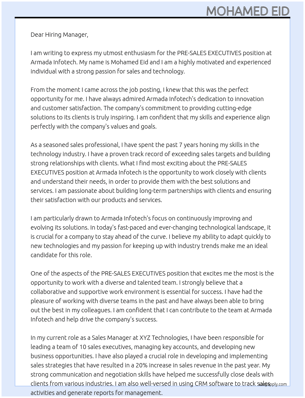 PRE-SALES EXECUTIVES  At Armada Infotech Cover Letter