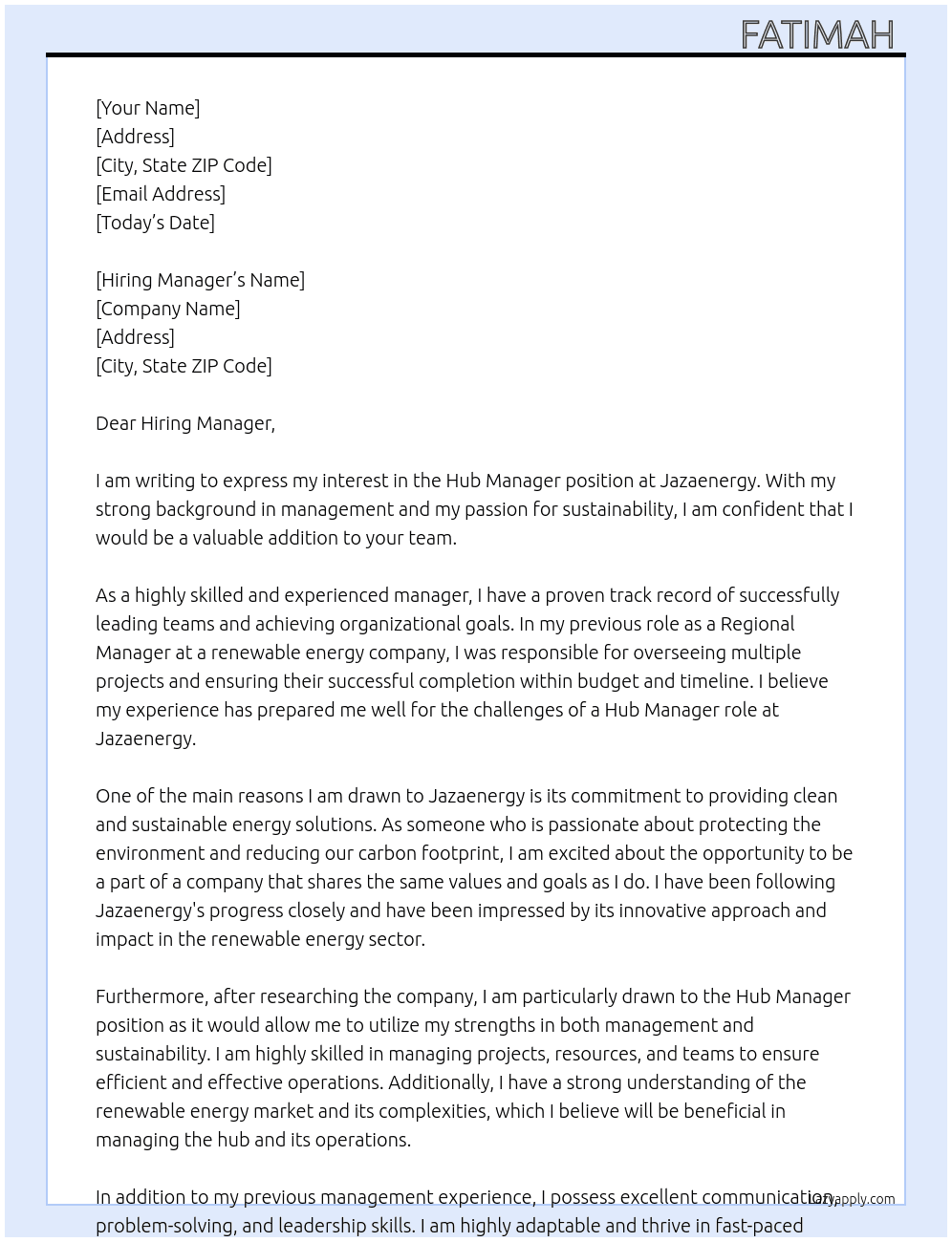Hub manager At Jazaenergy  Cover Letter