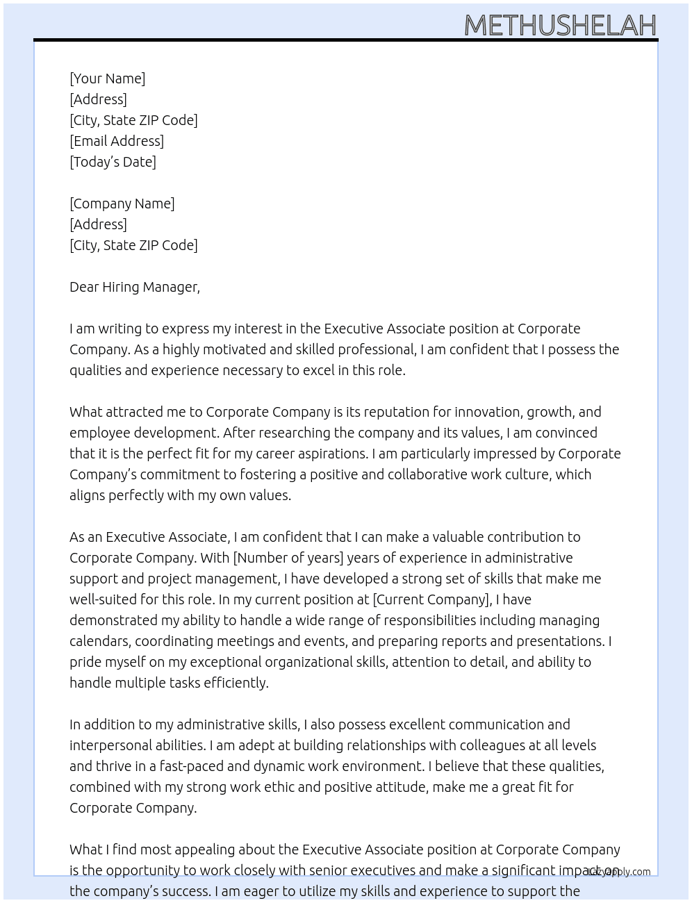 Executive associate  At Corporate company Cover Letter