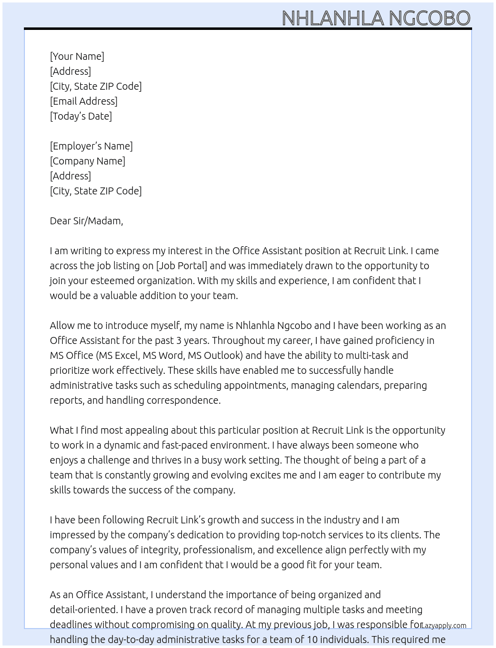 Office Assistant At Recruit Link Cover Letter