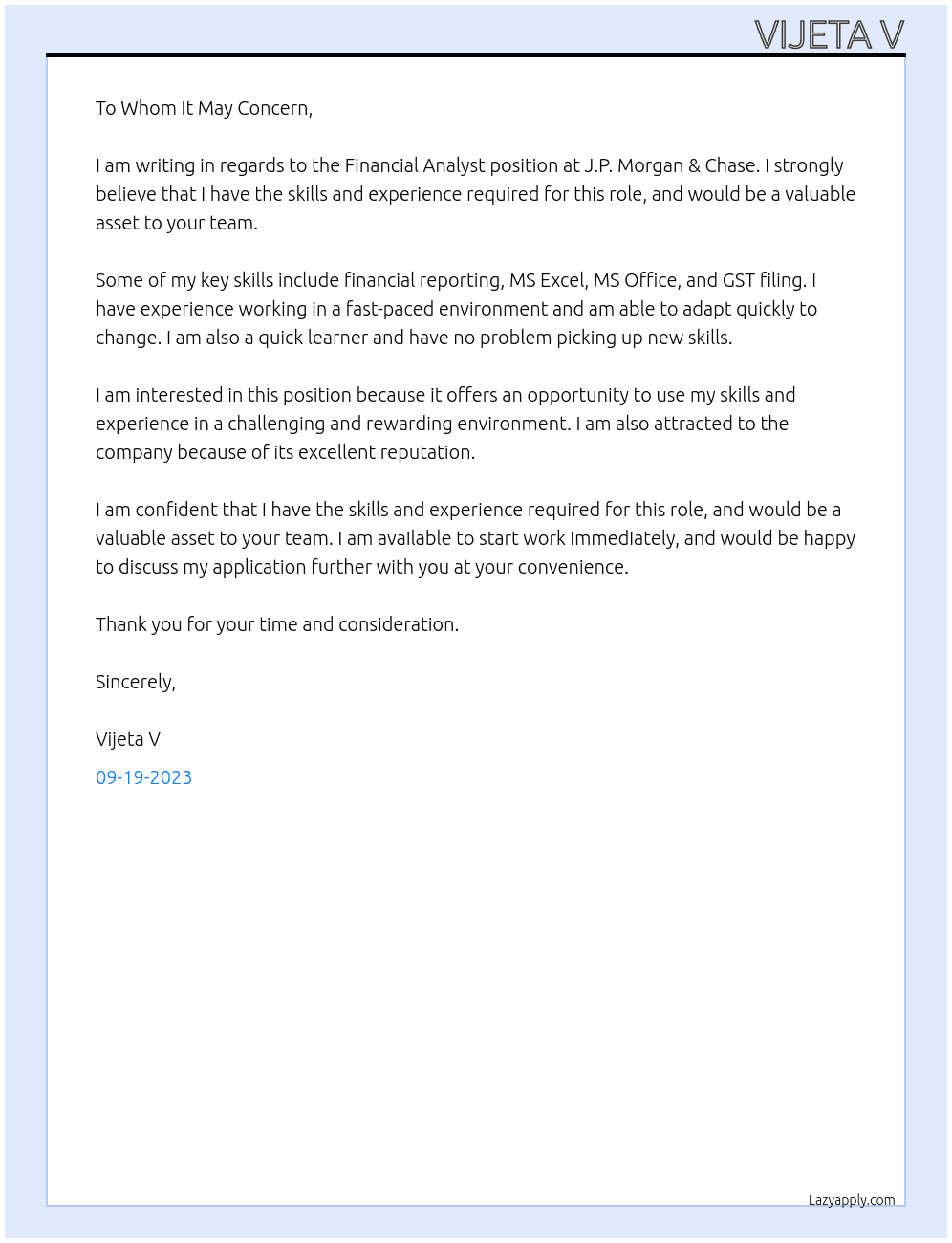 Financial analyst At J P Morgan & Chase Cover Letter