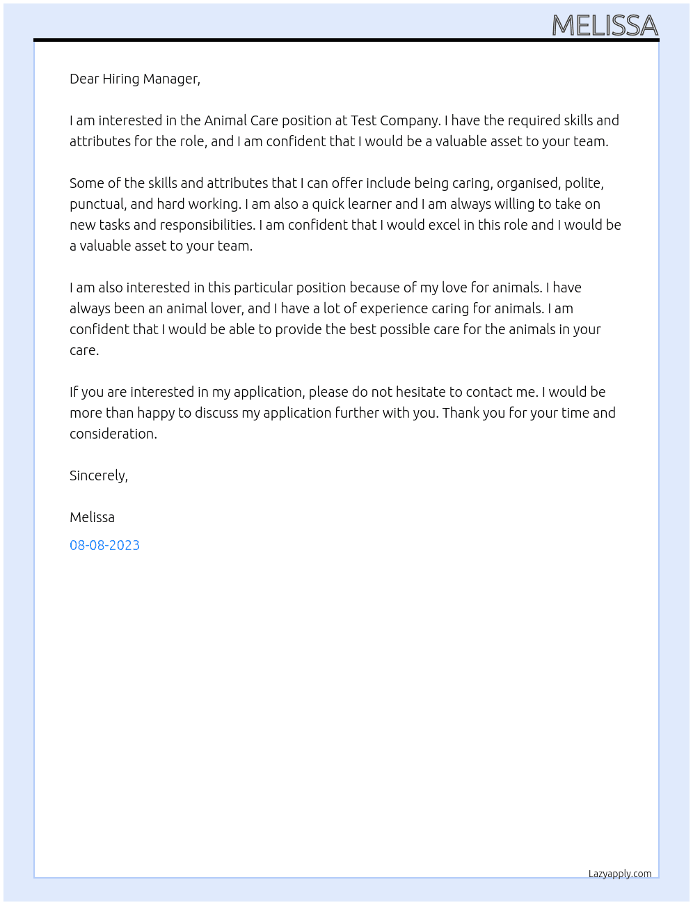 Animal Care At Test Company Cover Letter