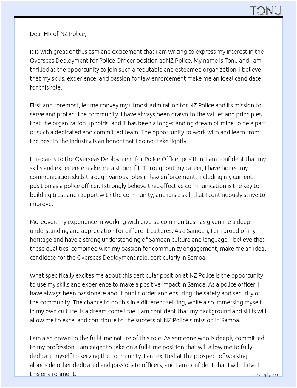 Overseas deployment for police officer  At NZ police  Cover Letter