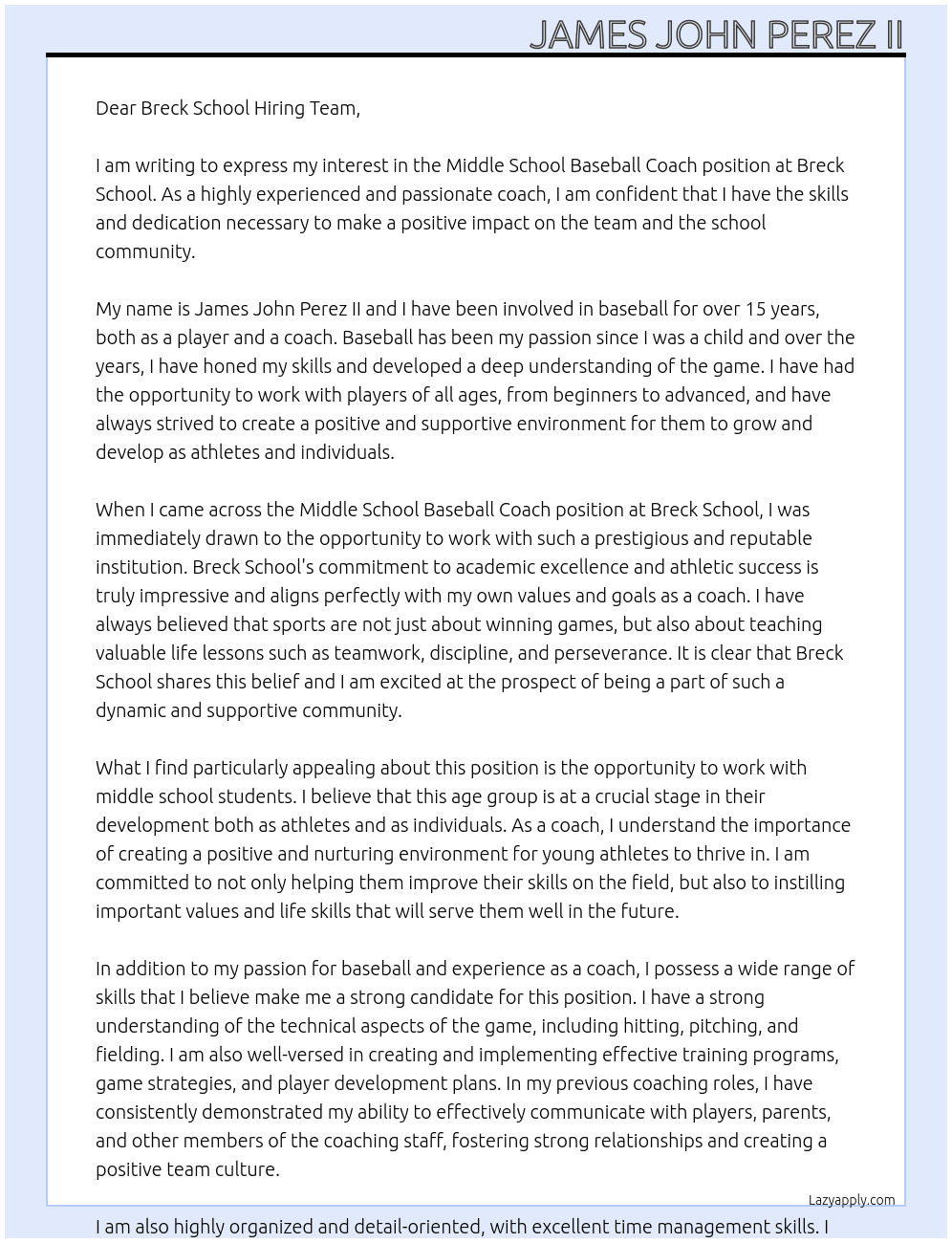 Middle school baseball coach  At Breck School Middle School Baseball Coach Cover Letter