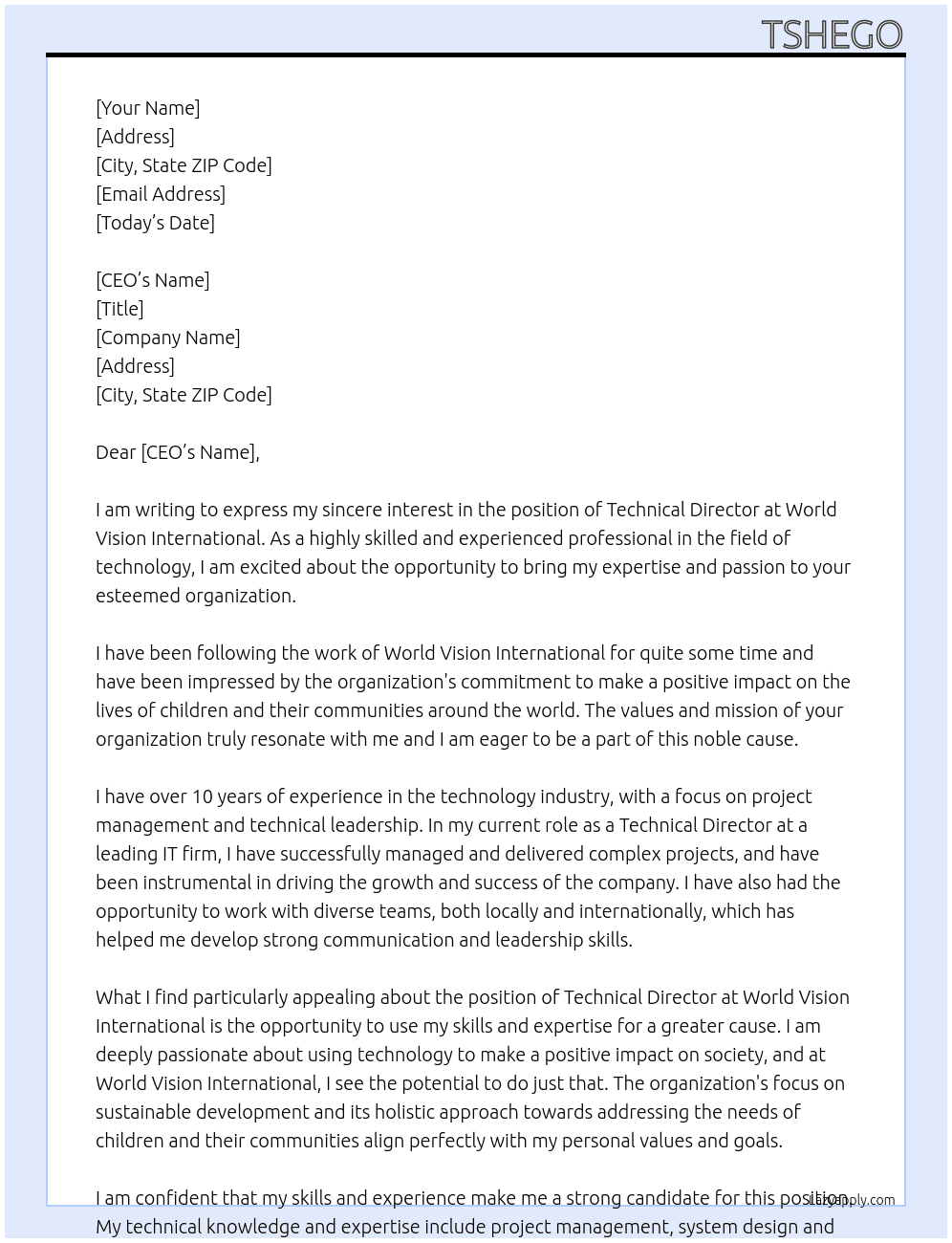 Technical Director At World Vision International Cover Letter