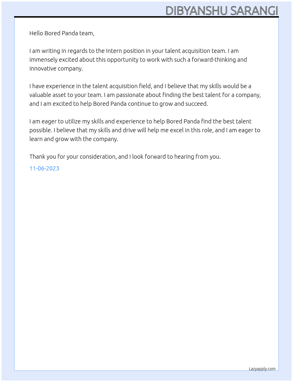 Intern in talent acqisition team At Bored panda Cover Letter