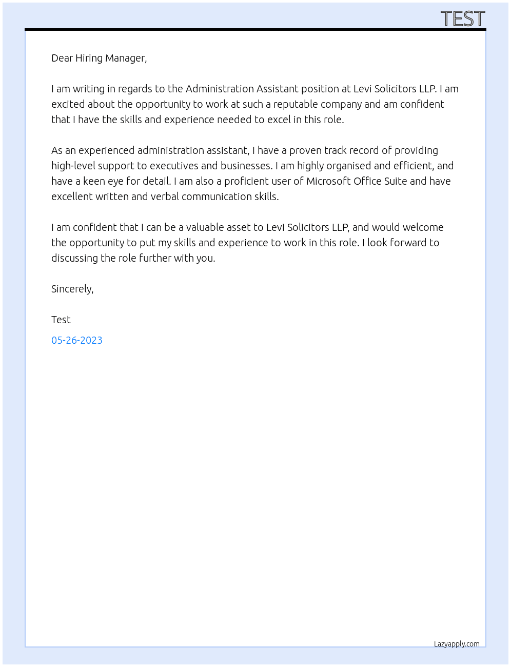 Administration Assistant At Levi Solicitors LLP Cover Letter