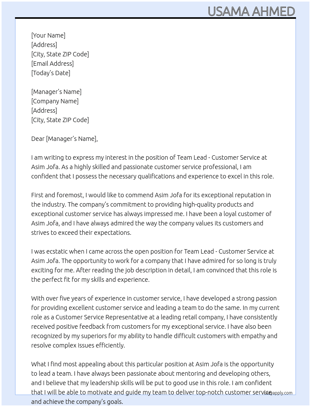 Team Lead - Customer Service At Asim Jofa Cover Letter