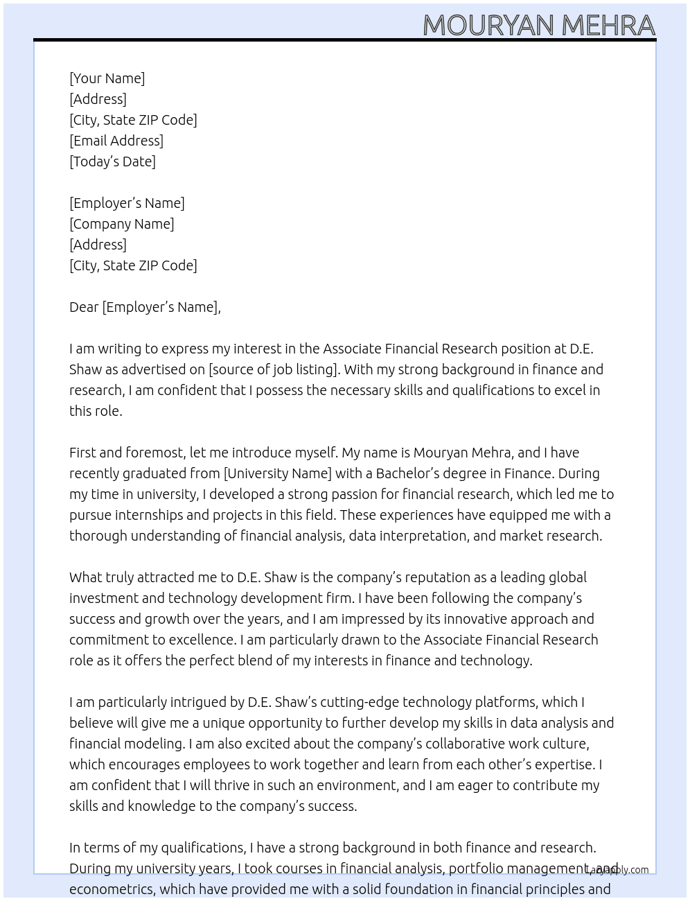 Cover letter for associate financial research - LazyApply