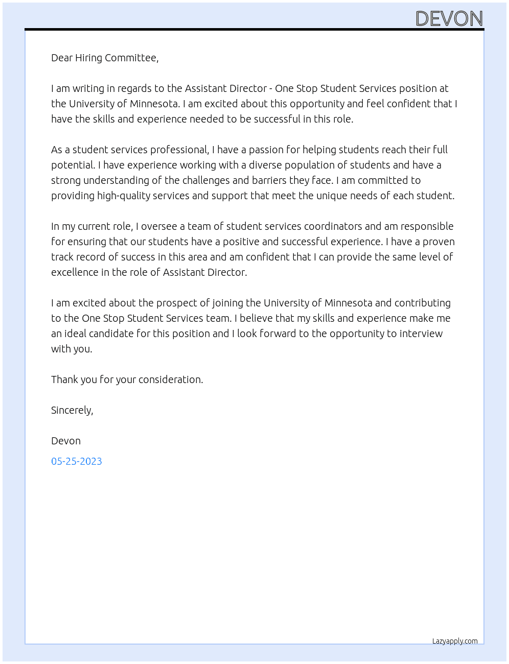 Assistant Director - One Stop Student Services At University of Minnesota Cover Letter