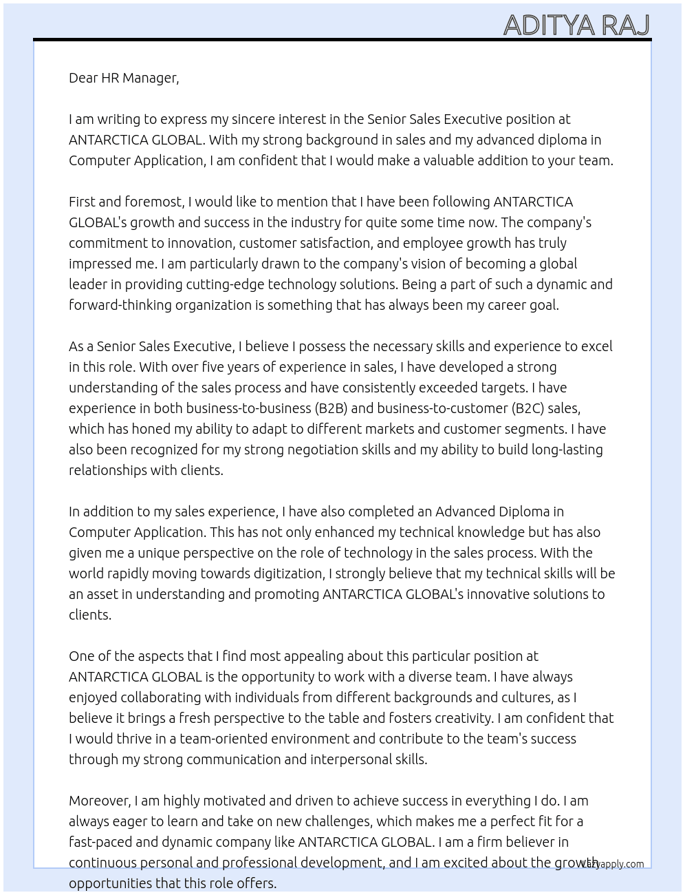 Senior Sales Executive  At ANTARCTICA GLOBAL Cover Letter