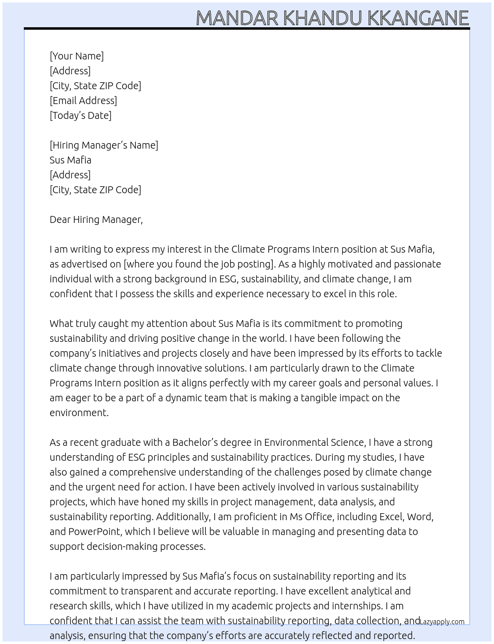 Cover letter for climate programs intern - LazyApply