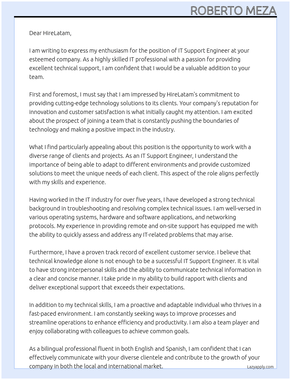 IT Support Engineer At HireLatam Cover Letter