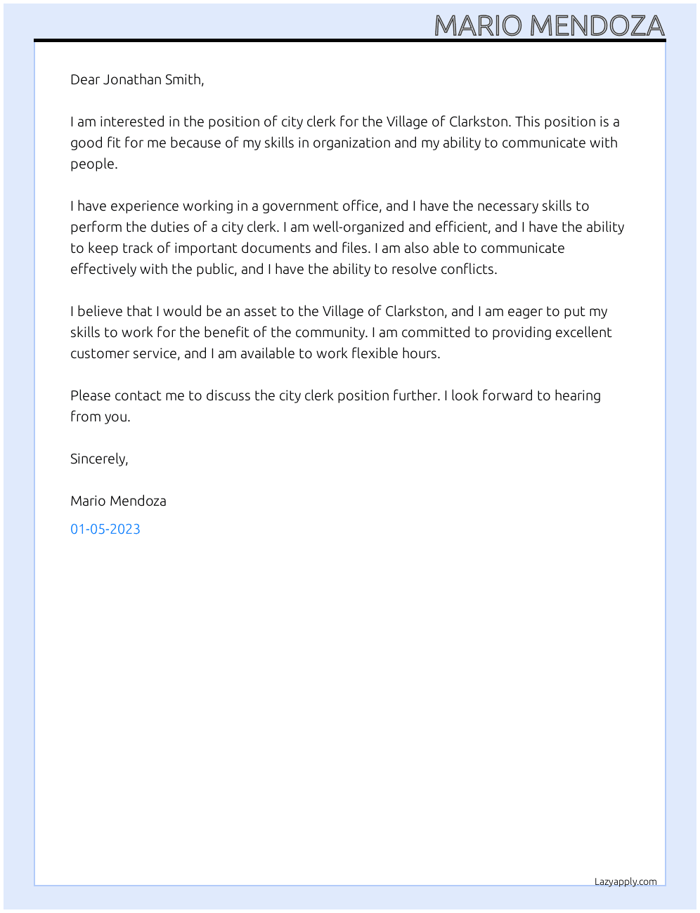 City clerk At Village of Clarkston Cover Letter