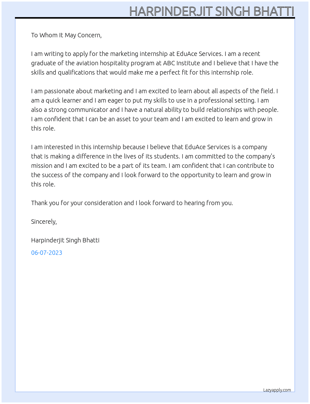 marketing internship  At EduAce Services Cover Letter