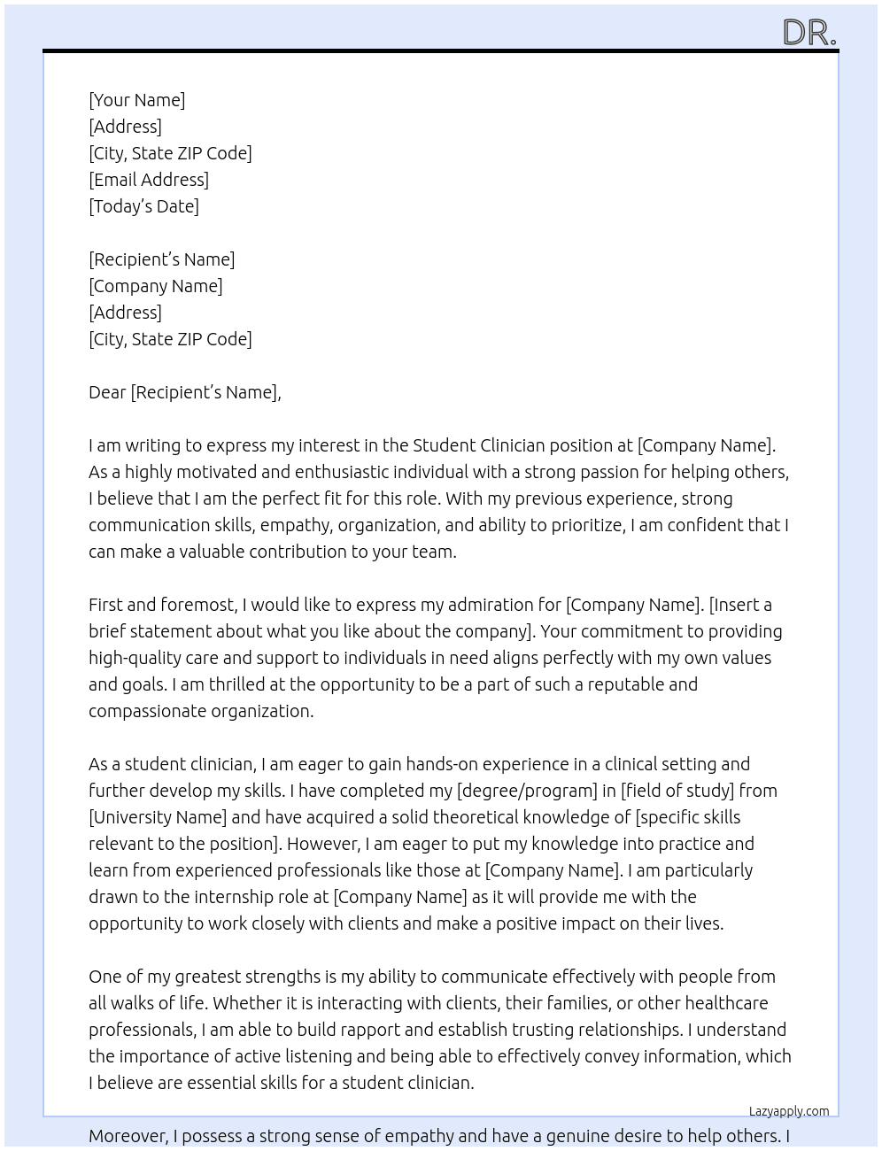 student clinician At DU Cover Letter