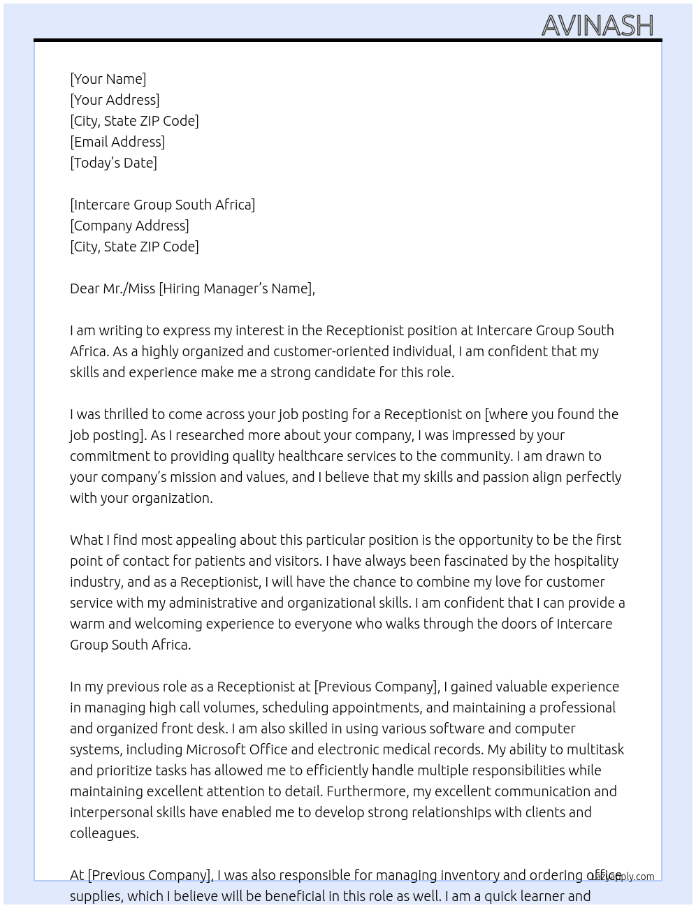 Receptionist  At Intercare Group South Africa  Cover Letter