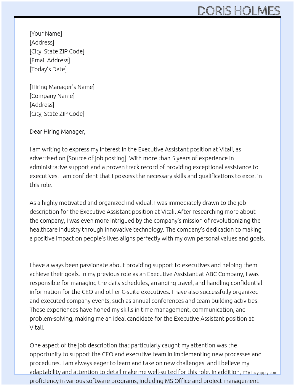 Executive Assistant At Vitali Cover Letter