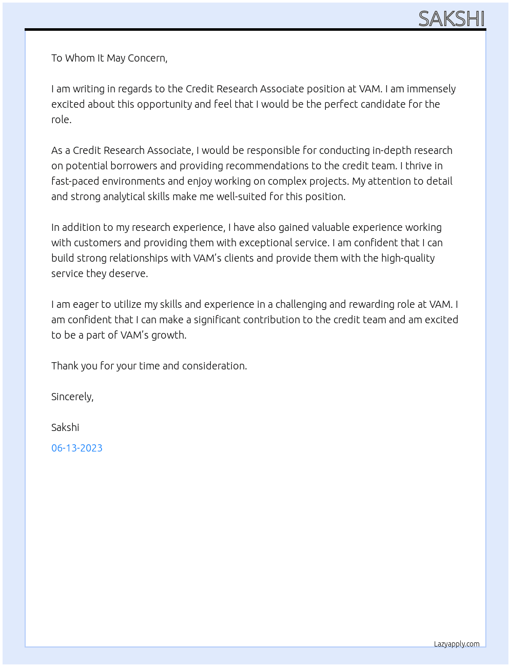Credit Research Associate At VAM Cover Letter