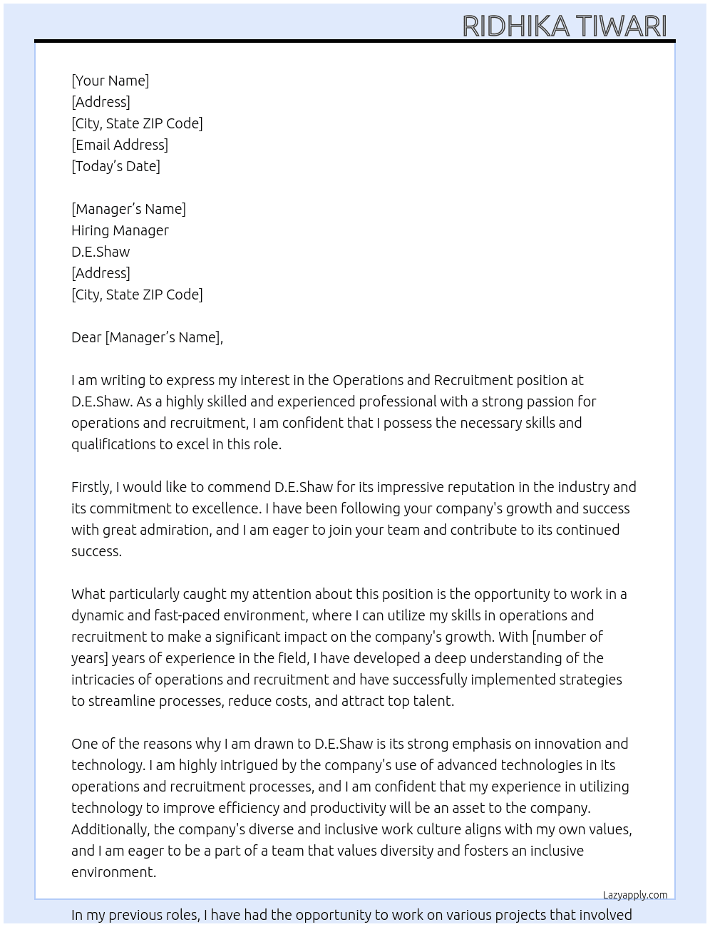 Operations and recruitment  At D.E.Shaw Cover Letter