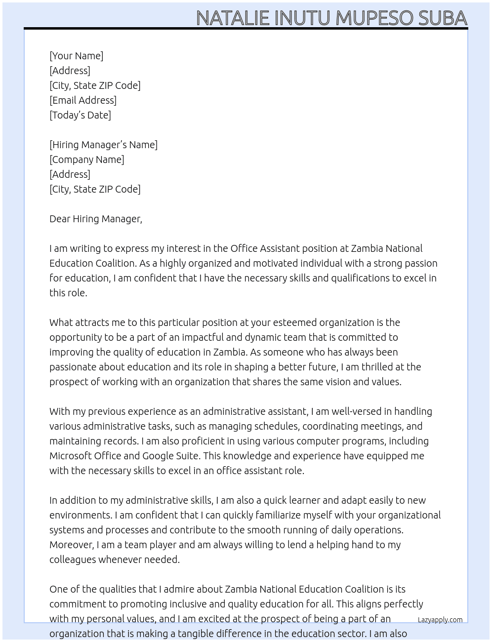 Office Assistant  At Zambia National Education Coalition Cover Letter