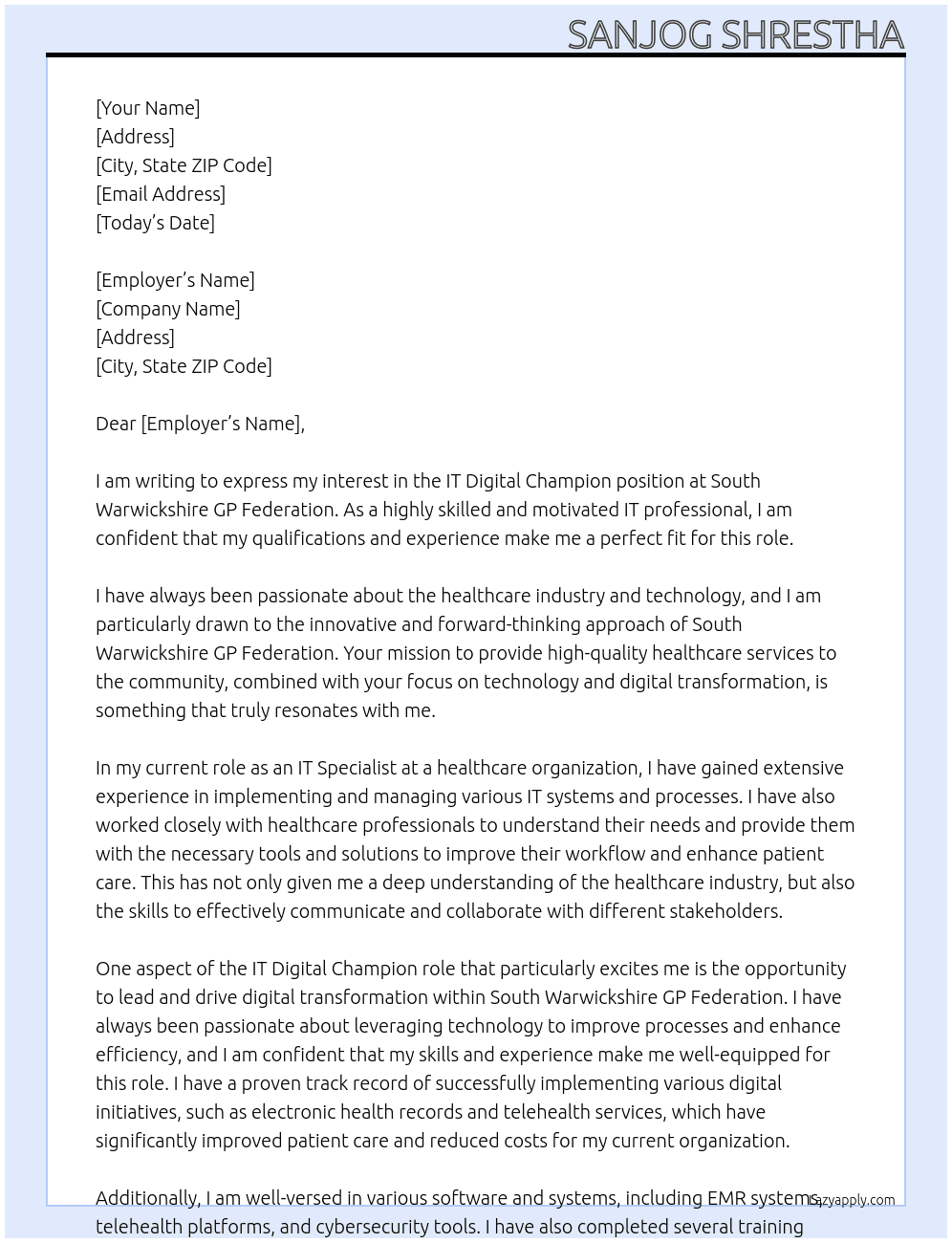IT Digital Champion At South Warwickshire GP Federation Cover Letter