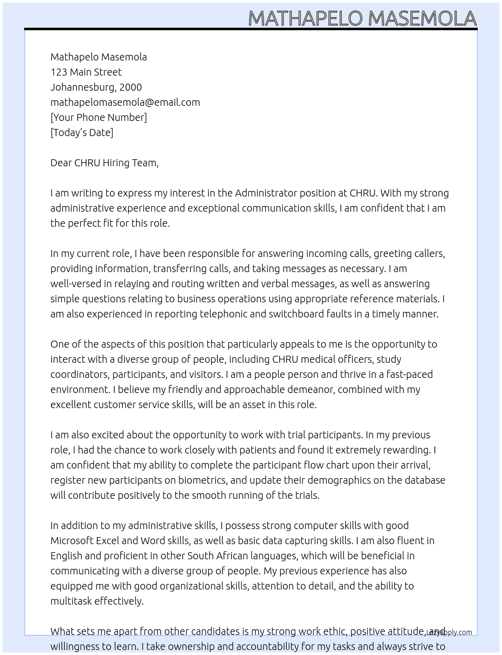 Administrator At CHRU Cover Letter