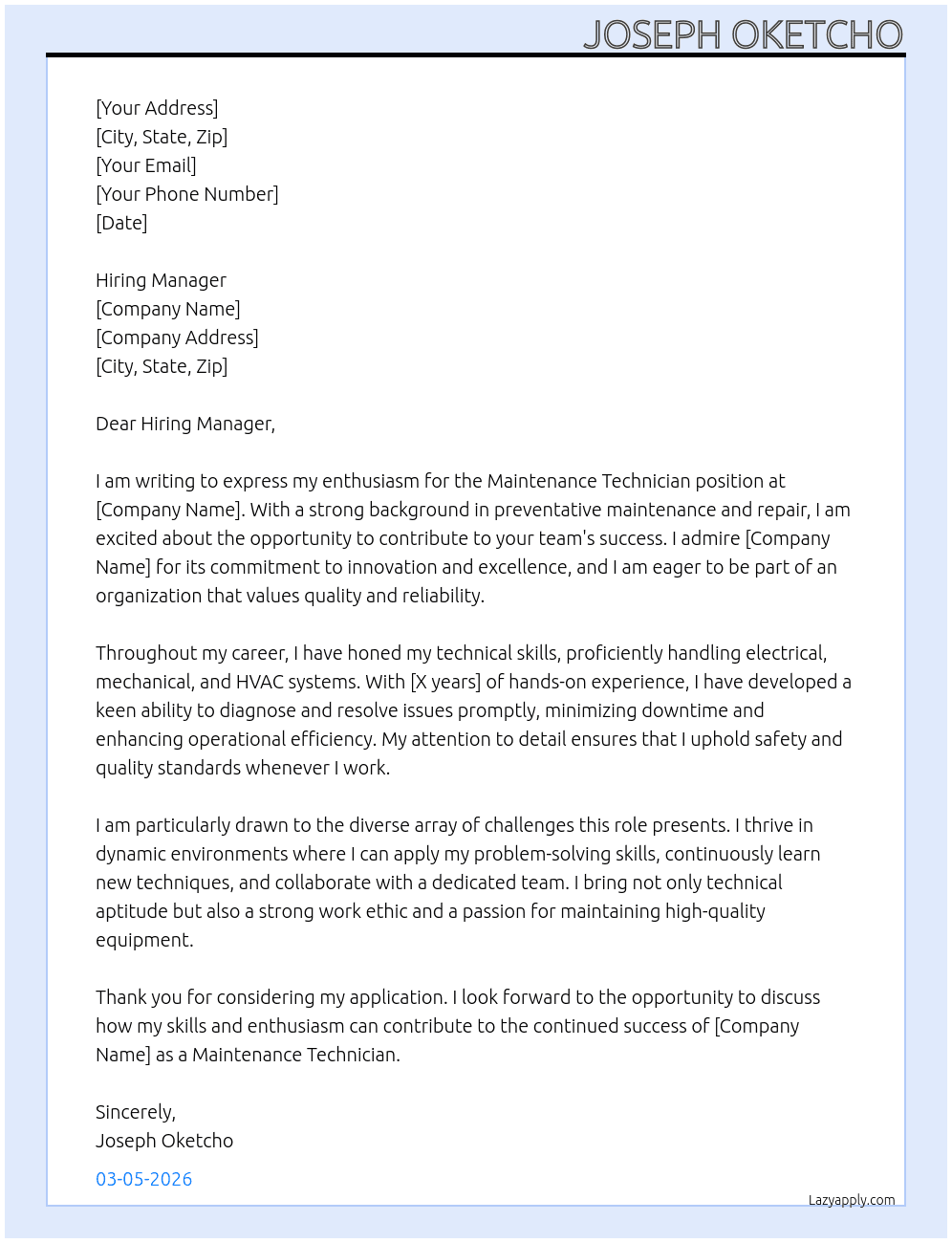 Maintenance Technician At any Cover Letter