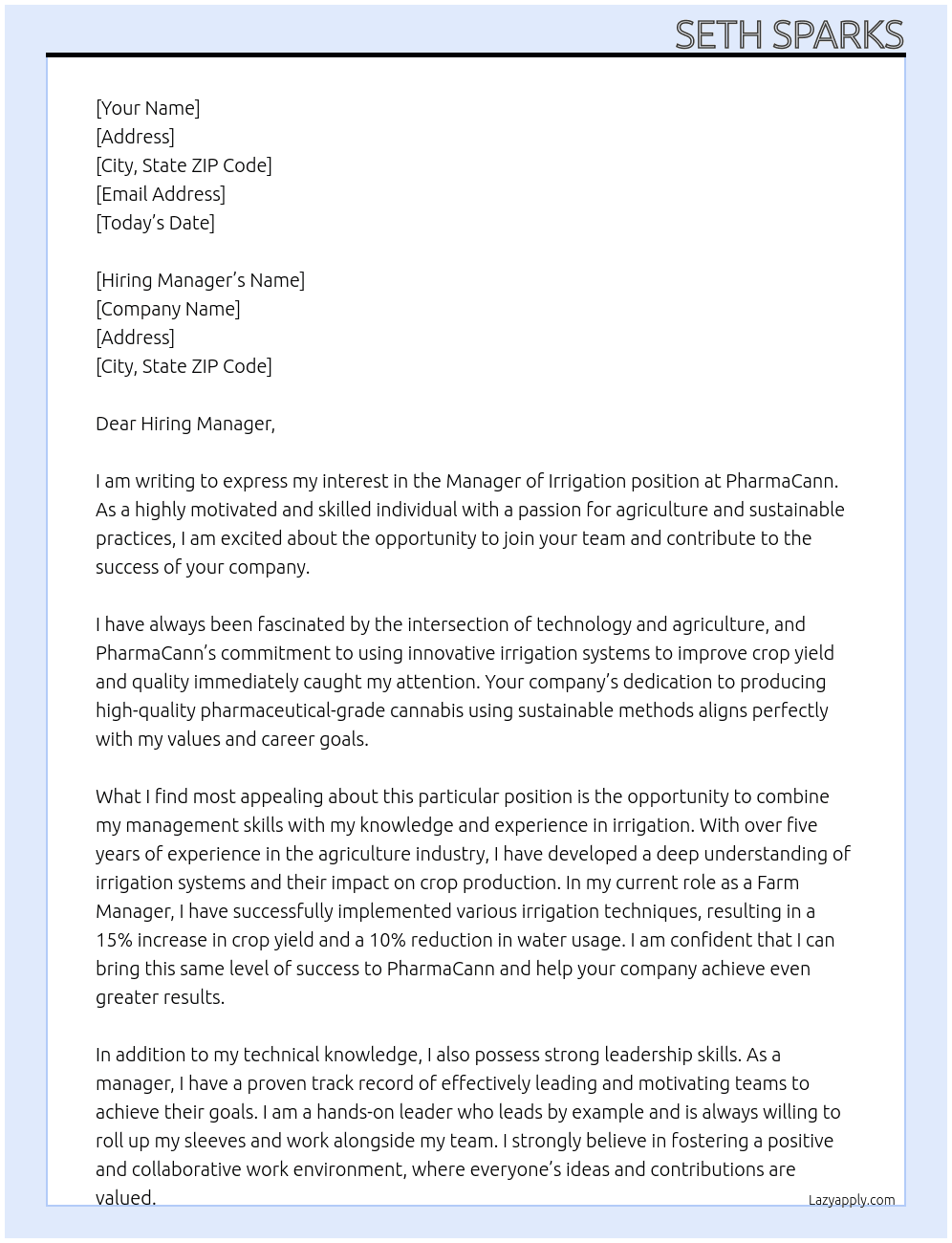 Manager or Irrigation At PharmaCann Cover Letter