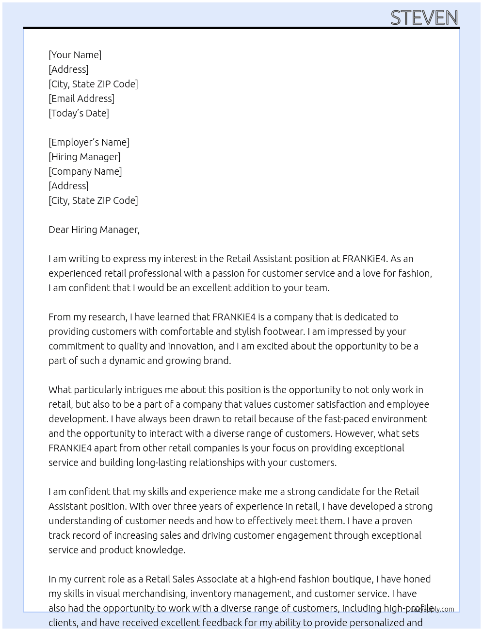Retail Assistant At FRANKiE4 Cover Letter