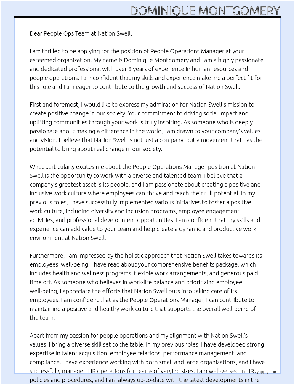 People Operations Manager At Nation Swell Cover Letter