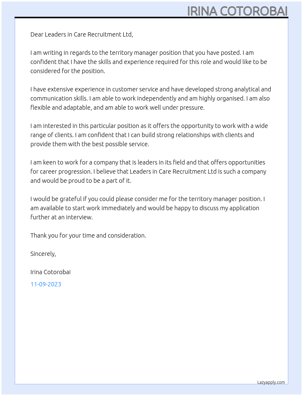 territory manager At Leaders in Care Recruitment Ltd Cover Letter