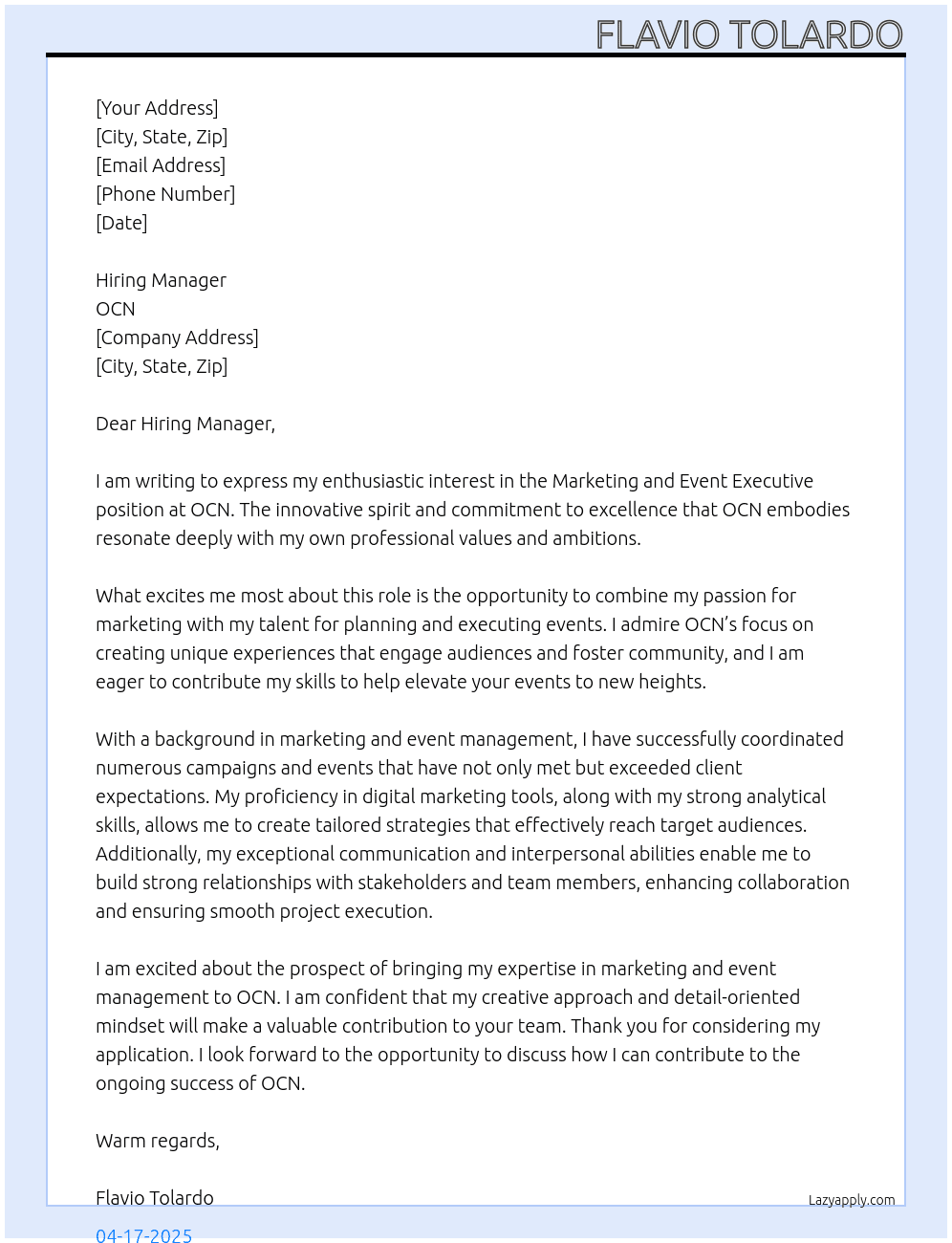 marketing and event esexutive At OCN Cover Letter