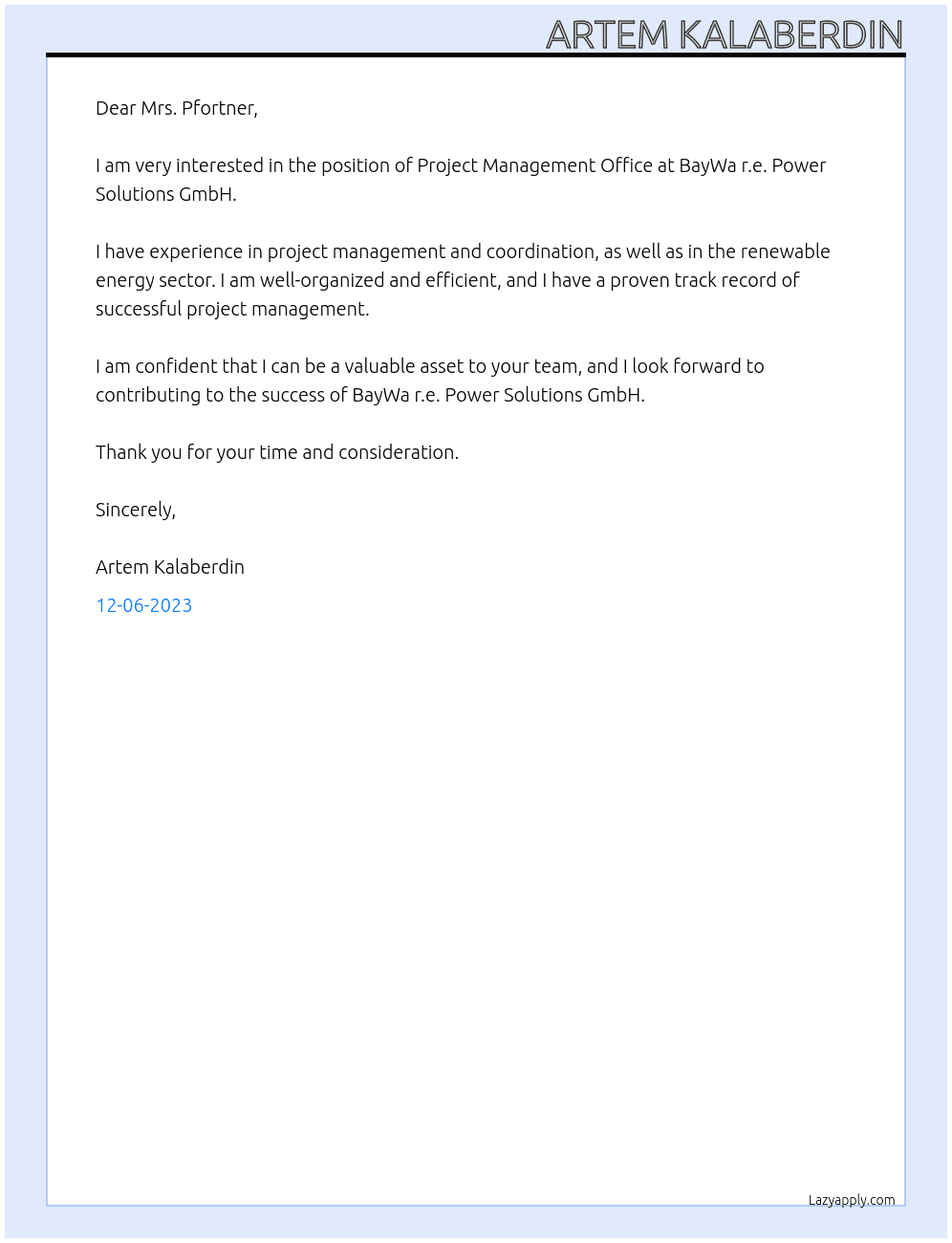Project Management Office At BayWa r.e. Power Solutions GmbH Cover Letter