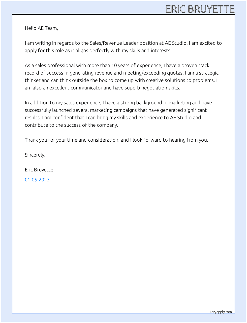 Sales/Revenue Leader At AE Studio Cover Letter