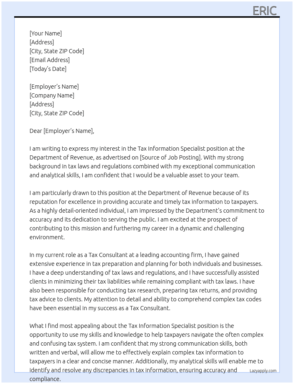 Tax Information Specialist At Department of revenue Cover Letter