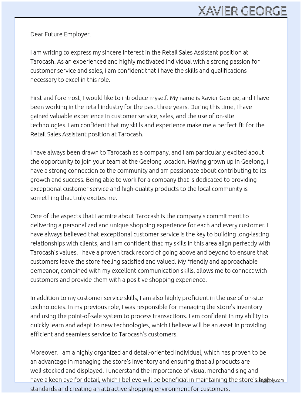 Retail Sales Assistant At Tarocash Cover Letter