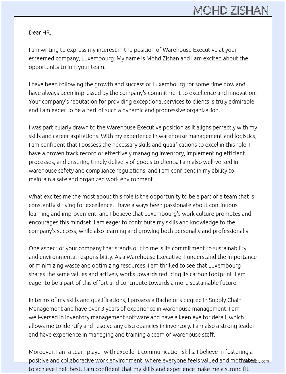 Warehouse Executive  At Luxembourg  Cover Letter