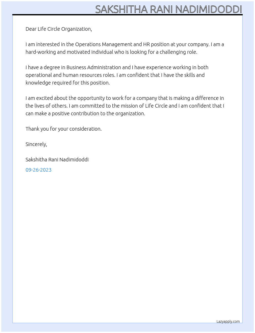 Operations Management and HR At Life Circle Hospital Cover Letter