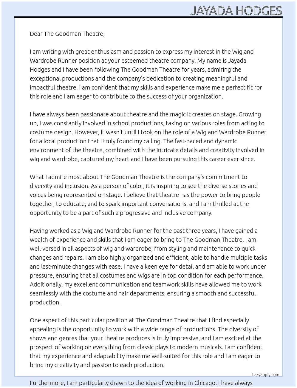 Wig and Wardrobe Runner At The Goodman Theatre Cover Letter