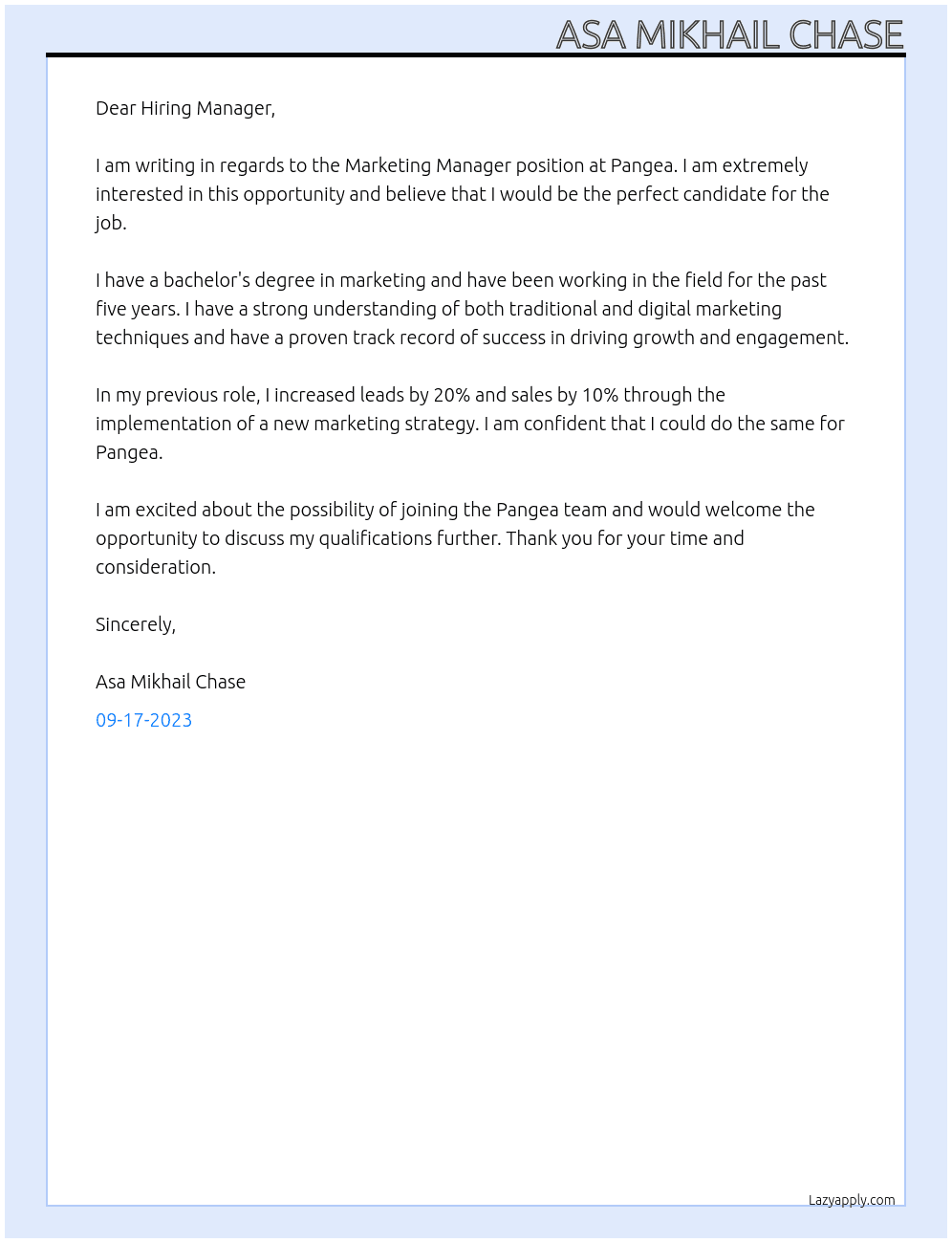 Marketing Manager At Pangea Cover Letter