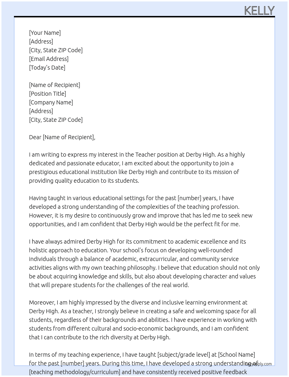 Teacher At Derby High Cover Letter