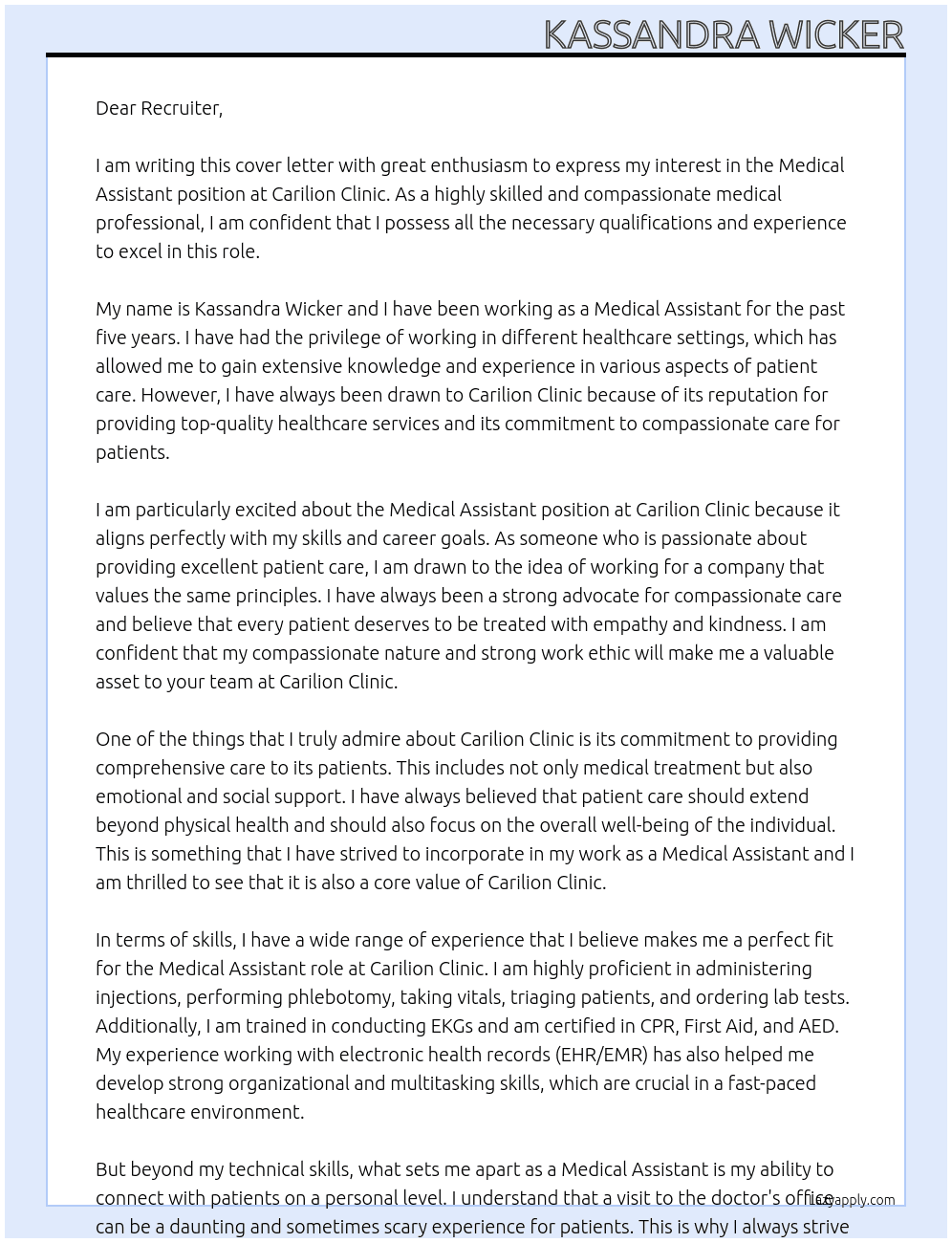 Medical Assistant At Carilion Clinic Cover Letter