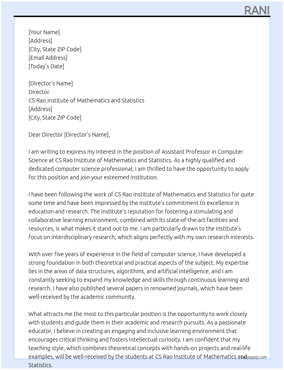 assitant professor in computer science  At CS RAO INSTITUTE OF MATHEMATICS AND STATISTICS  Cover Letter